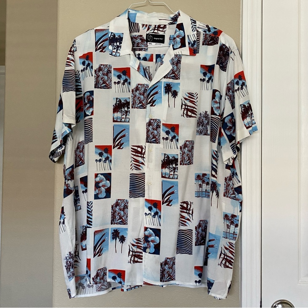 ORIGINAL USE White Vacation Print Resort Wear Short Sleeve Button Down